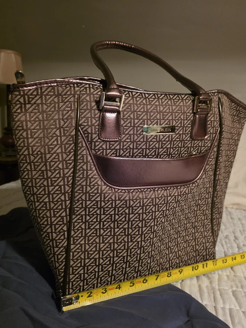 Anne Klein Brown Patterned Laptop Tote with Metallic Trim